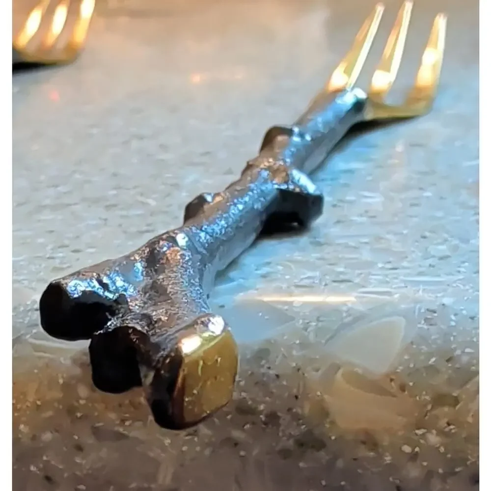 Set of 10 Dinner Forks Twig-Design Branch-shaped Handles Brass-finished Tines 8